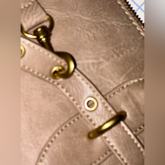 Elegant Taupe Vegan Leather Dome Satchel with Crossbody Strap & Gold Hardware - Picture 10 of 10